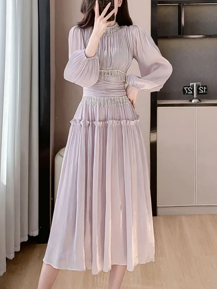 Fashion New Women Elegant Casual Midi Long Prom Dress Puff Sleeve A-Line Solid Vintage Party Birthday Clothes Female Robe Mujers