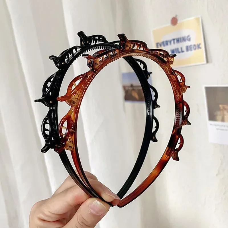 Luxury Woman Non-Slip Hair Bands with Clips Double Band Headbands for Women Hairstyle Bezel Hair Hoop Hair Accessories Headwear