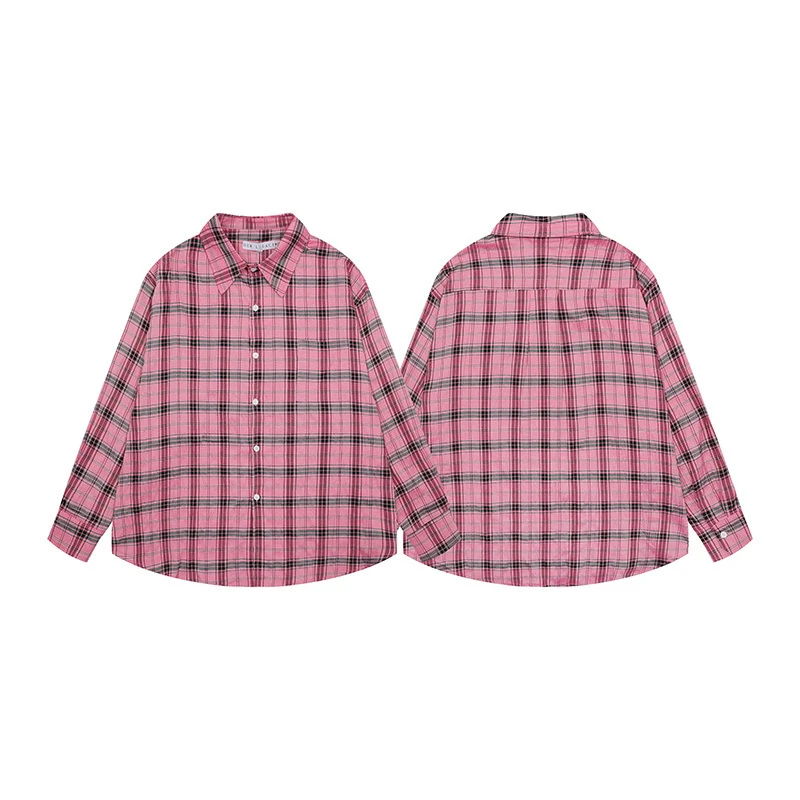 

2024sa Top Quality Our Legacy Men's Casual Loose Shirts Long Sleeve Pleated Shirts Pink Plaid Top Y2k Clothes