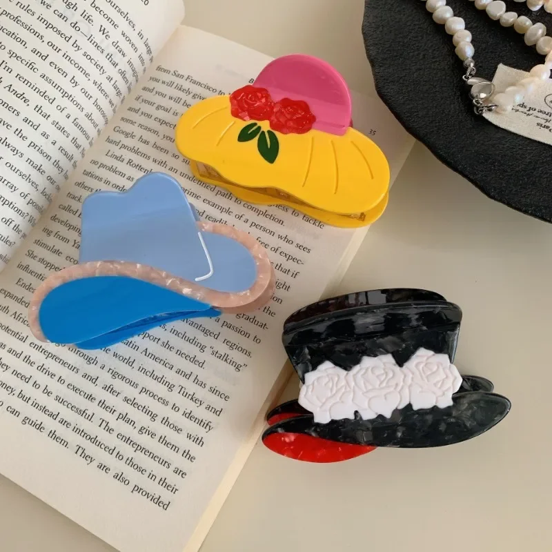 

New Blue Cowboy Hat Hair Claw Acetate Sweet White Camellia Hat Crab Hair Clips for Woman Girl Fashion Hairpin Hair Accessories