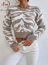 Women Short Sweaters Autumn Winter Leopard Basic O Neck Knitted Pullover Ladies Fashion Crop Top Knitwear Elegant Jumper