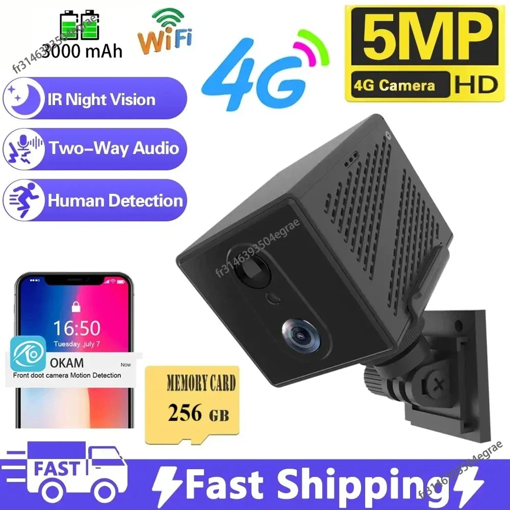 

256/64 ГБ 4G SIM-карта Мини-камера 5MP 3000 мАч Батарея Беспроводная Wi-Fi Ночное видение Обнаружение движения CCTV Двусторонняя голосовая IP-камера