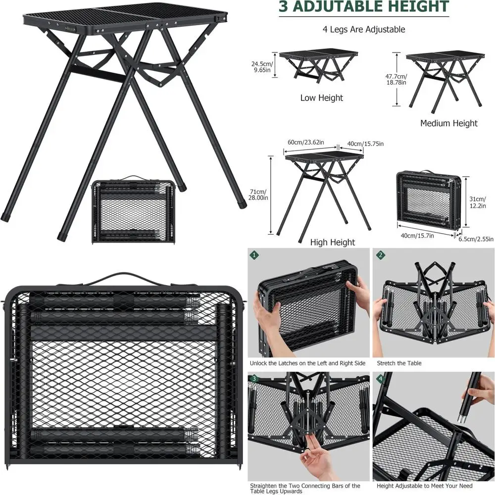 

Регулируемый по высоте складной стол для пикника с грузоподъемностью 180 фунтов, железной сетчатой столешницей, подходит для использования в помещении и на улице (черный)