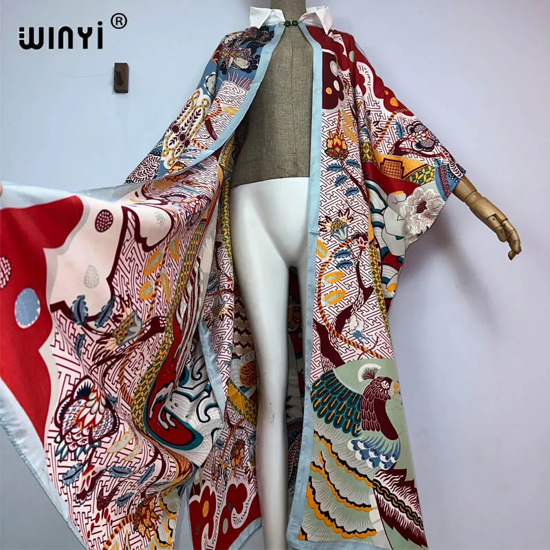 WINYI-Quimonos retro boêmios estampados feminino, cardigã de colarinho, blusa feminina, solta, casual, cobertura de praia, festa, kuwait, kaftan, novo