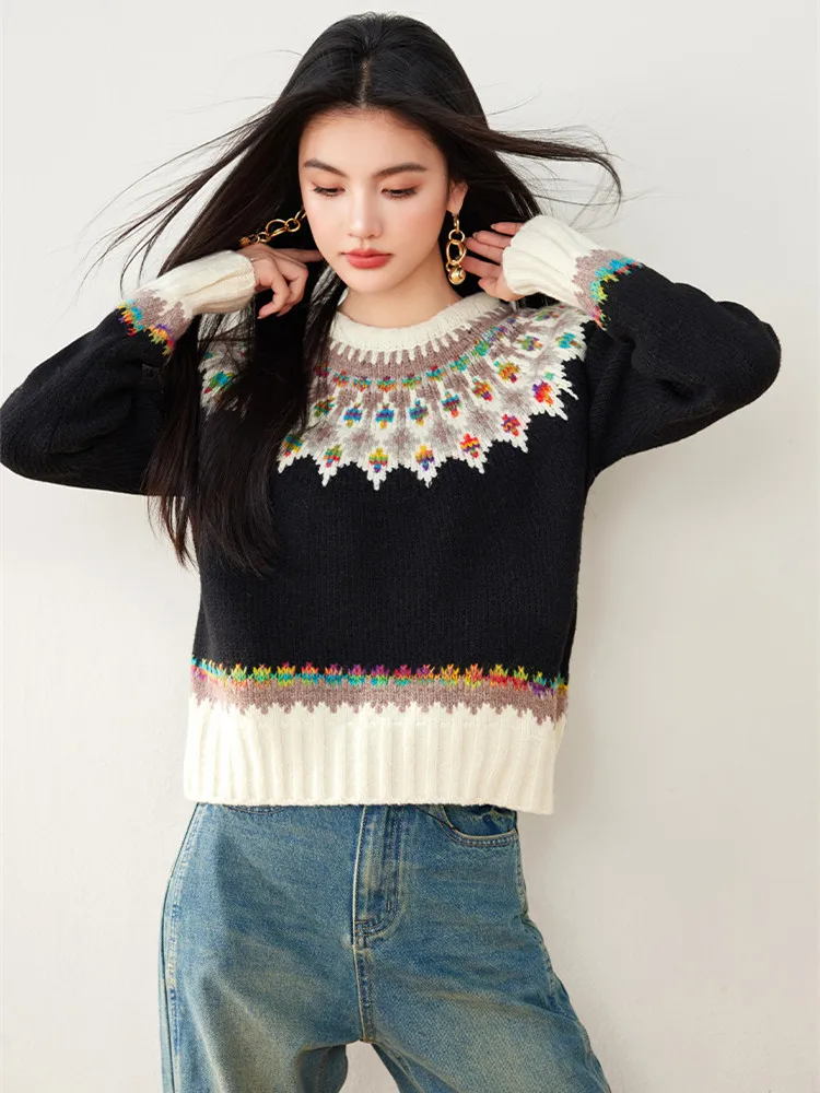

Fashion Vintage Design Color Clash Jacquard Sweater Women's Fall Winter Chic Soft Lazy Wind Pullover Jumper Knitwear Tops