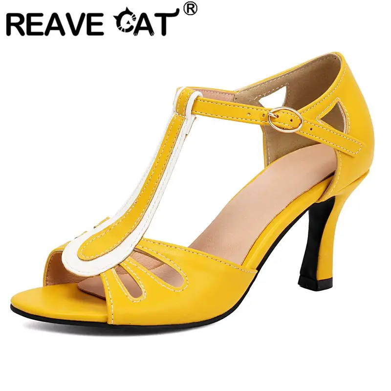 

REAVE CAT Apricot Women Sandals Round Toe 7.5cm Thin High Heel Buckle T-Strap Mixed Color Big Size 41 42 43 Sweet Dating Shoes