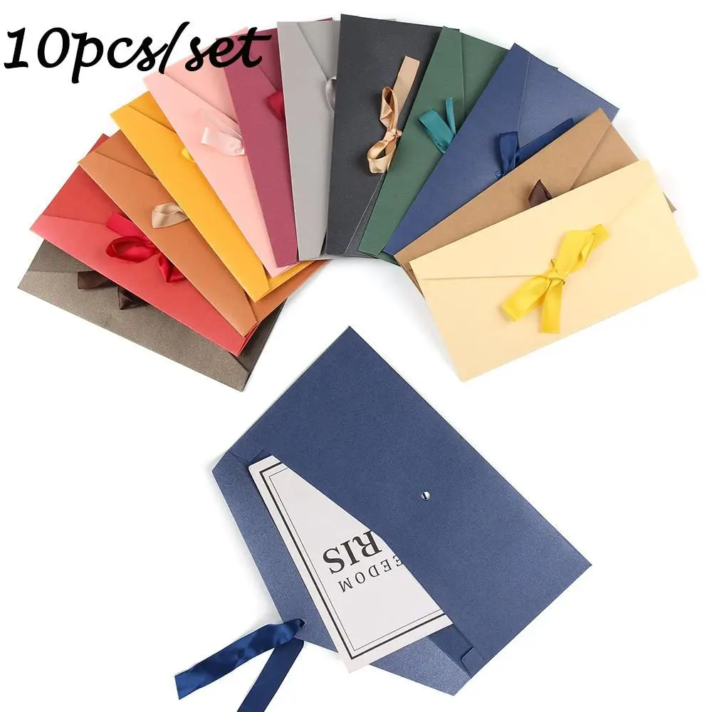 10 Pcs/Set Envelope Greeting Card Bags Pearlescent Paper Bow Thicken Ribbon Retro Creative Color Stationery Wedding Invited Gift