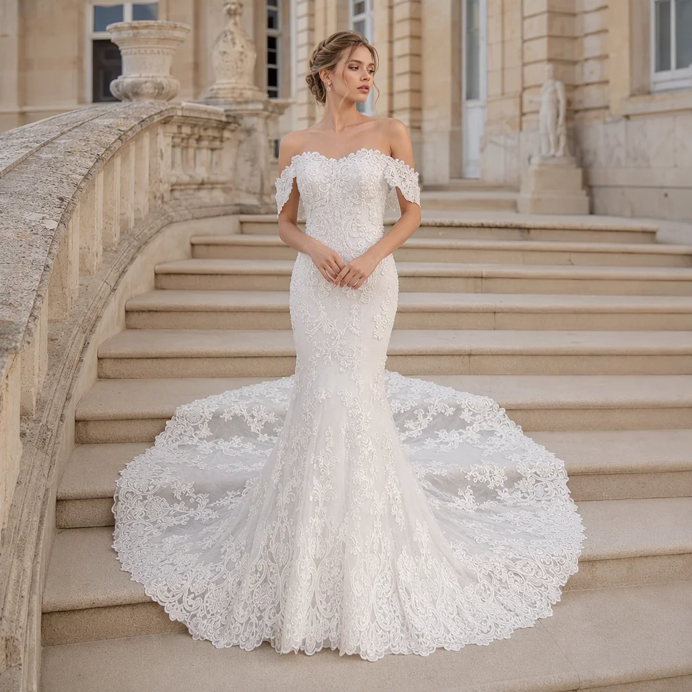 Off-the-Shoulder Mermaid Wedding Dress Lace Applique Chapel Train Bridal Gown