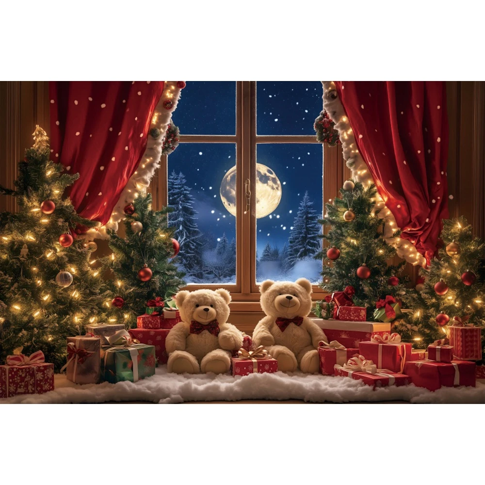 Christmas Photography Background Red Curtain Bear Gifts Window Snowy Xmas Kids Family Portrait Decor Backdrop Photo Studio