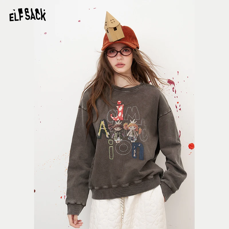 ELFSACK Women's Vintage Pullover Sweatshirt with Cartoon Doll Print, Casual Loose Long Sleeve Top for Everyday