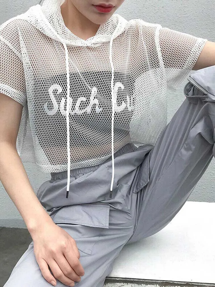 Womens Hollow Mesh Net Hooded T-Shirt Short Sleeve Tee Tops Transparent Black Swxy Clubwear Party