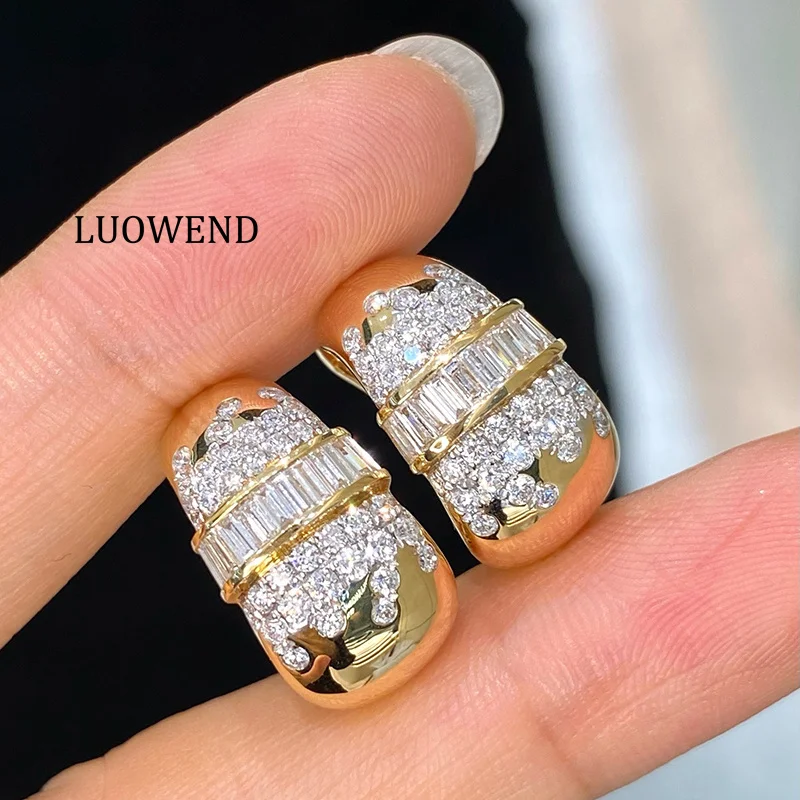 LUOWEND 100% 18K Yellow Gold Earrings Luxury Vintage Style Real Natural Diamond Hoop Earrings High Party Jewelry for Women