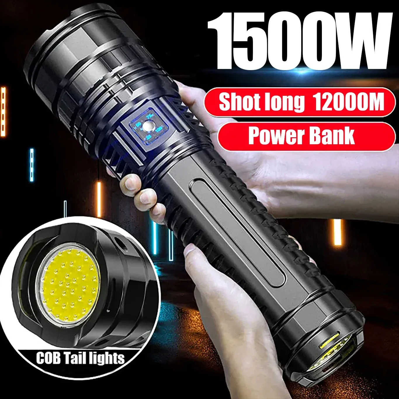 

9900000LM Ultra Bright Torch Built-in Battery Flash Light Emergency Spotlights 5km 1500W Most Powerful Led Flashlights Tactical