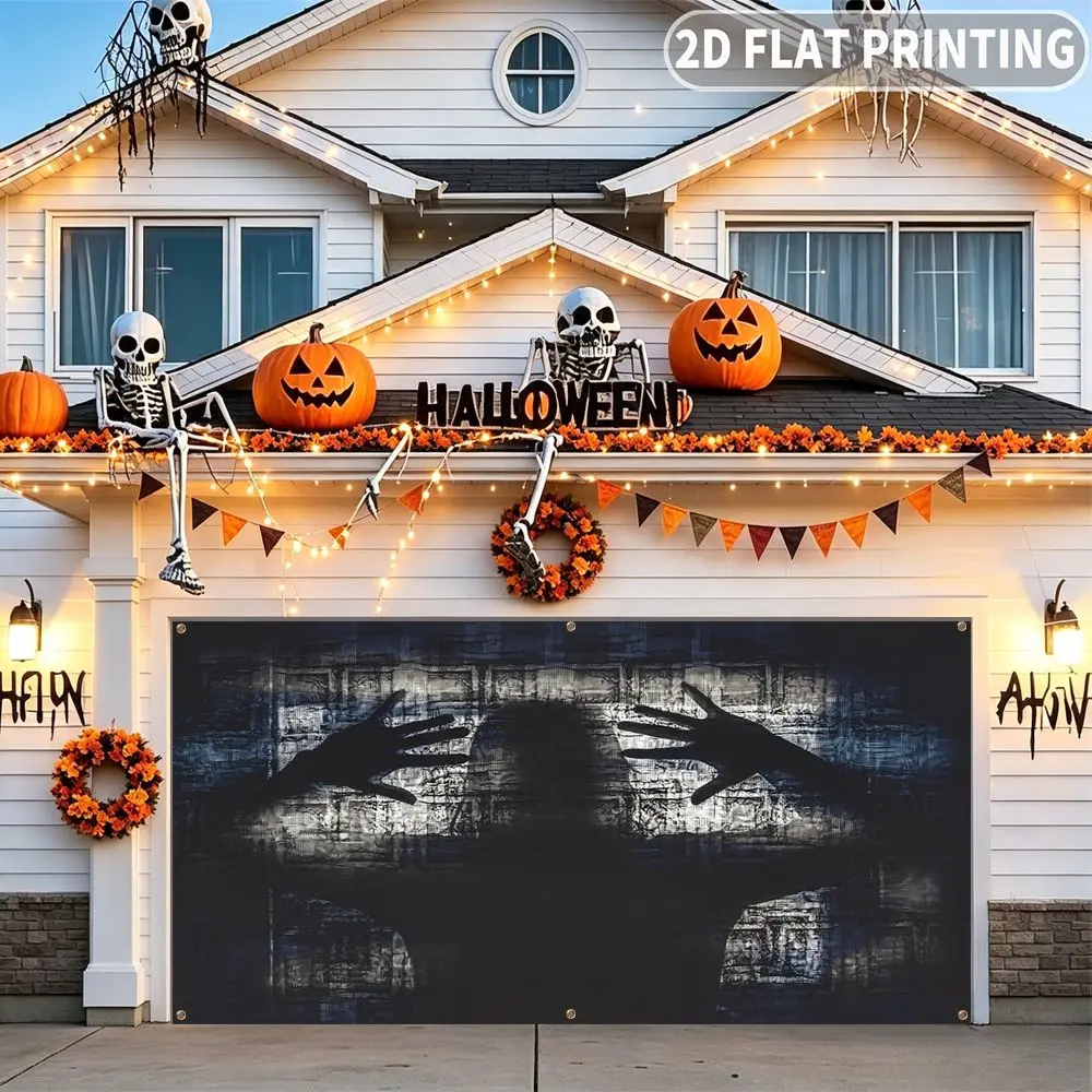 1pc 2D FLAT Halloween Party Garage Banner, Silhouette Hands Against Textured Wall Pattern, No Power Need, for Garage Door Decor