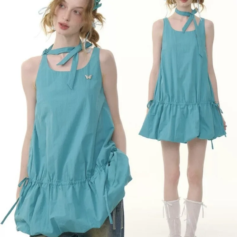 

Summer American Design Vest Dress Girly Style Lace-up Flower Hem Waist-cinching Blue-green Trendy Camisole Dress Aesthetic
