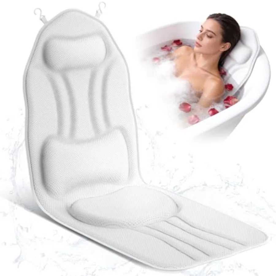 Almohada de baño de cuerpo completo de 52 x 16 pulgadas para bañera, cojín de lujo para bañera con 192 ventosas y tela de malla 5D suave.