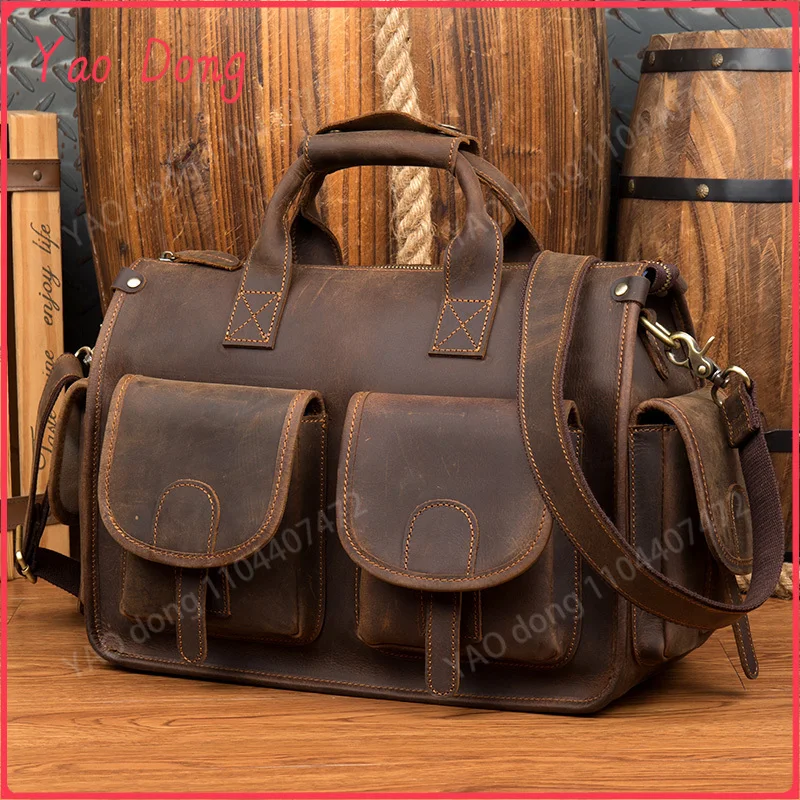 Bolso Yao Dong para hombre, maletín de cuero genuino de alta calidad, bolsos de mano de cuero Crazy Horse, bandolera de cuero auténtico grueso