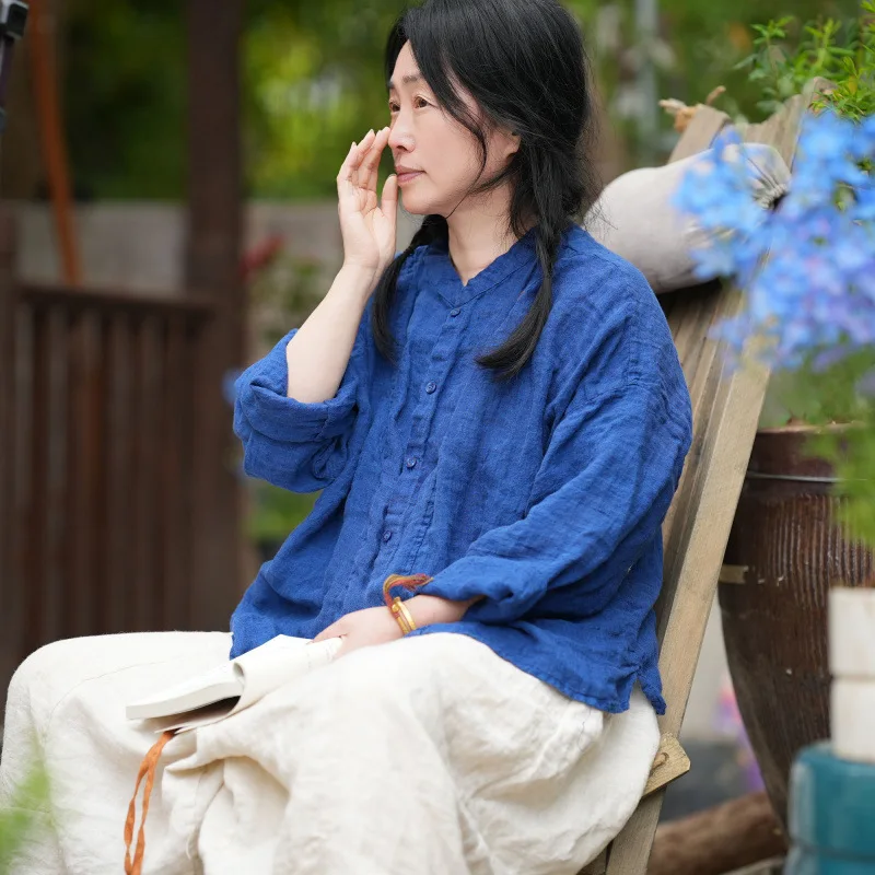 

Women Solid Color 100% Linen Shirts Long Sleeve Button Tops 2026 Turn-Down Collar High Quality New Women Vintage Causal Blouses