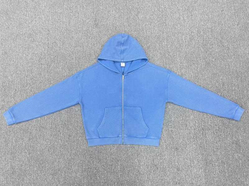 Waffle Knit Full Zip Hoodie for Men Vintage Washed Hooded Sweatshirt Casual Loose Cotton Kangaroo Pocket Streetwear Clothes
