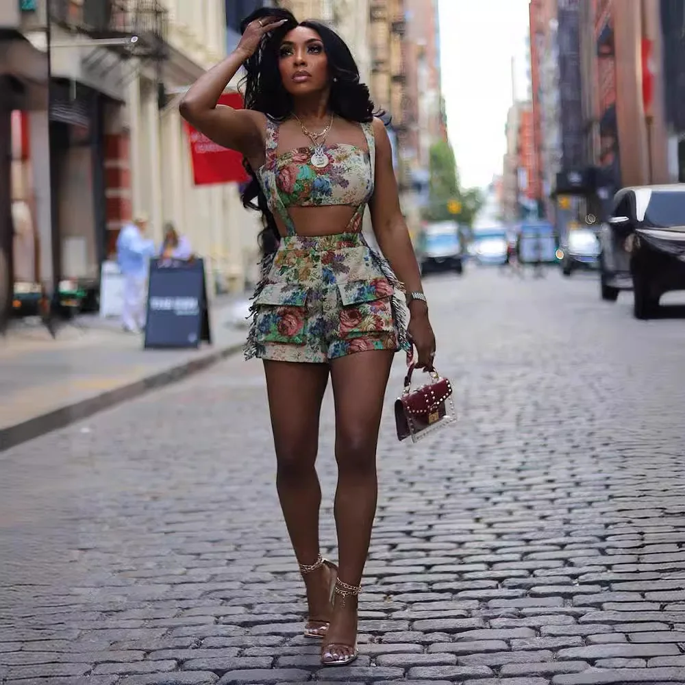 Shorts conjunto de calças femininas conjuntos de duas peças conjuntos de correspondência sem alças impressão floral sexy topos calças curtas borla cintura alta y2k streetwear