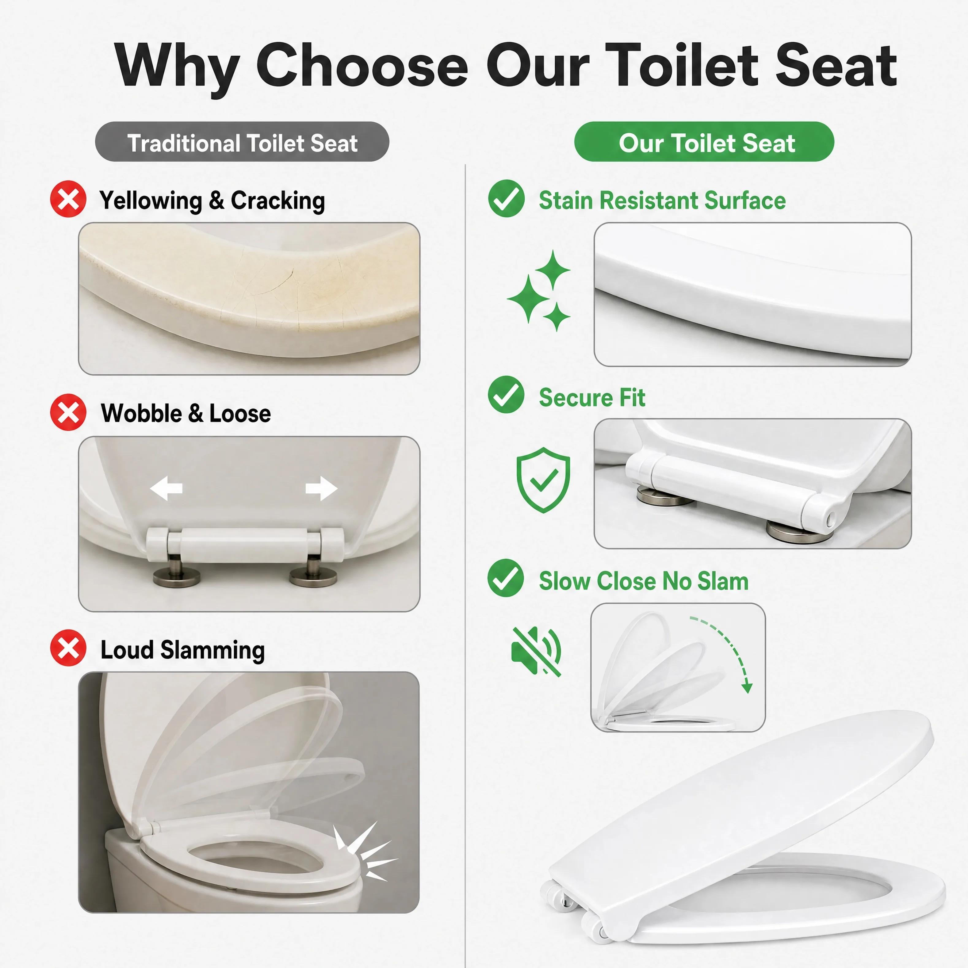 Toilet Seat Cover Thickened PP Material Soft Close Silent WC Lid Durable Sturdy Anti-Crack Bathroom Toilet Replacement Seat