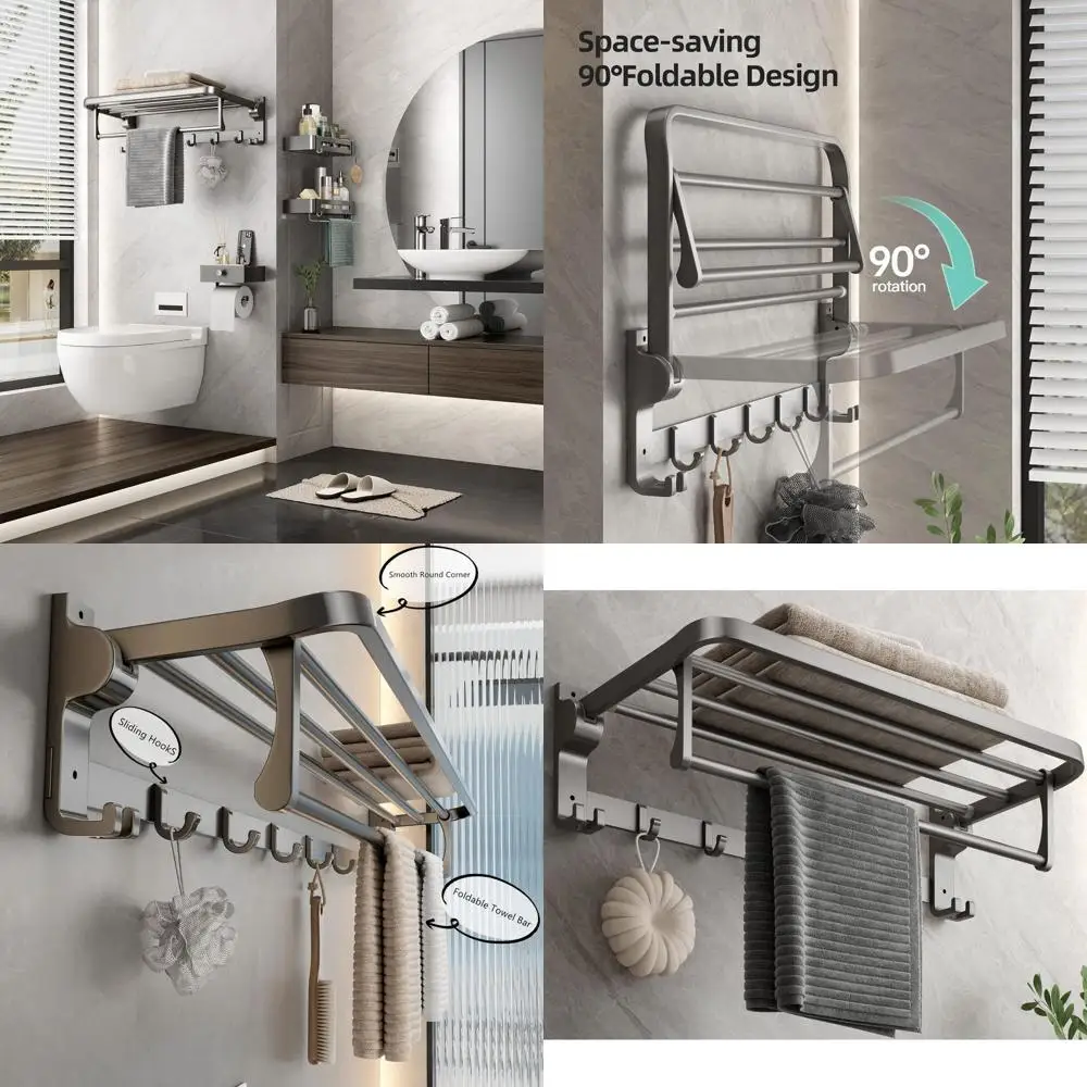 

Modern Gray Foldable Towel Rack with Bar and Hooks, 23.6 Wall-Mounted Lavatory Organizer