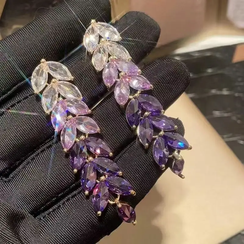 ZAKOL Gradient Purple Wheat Earrings Shiny Leaf Colorful Zircon Long Drop Earring Luxury Jewelry Gifts