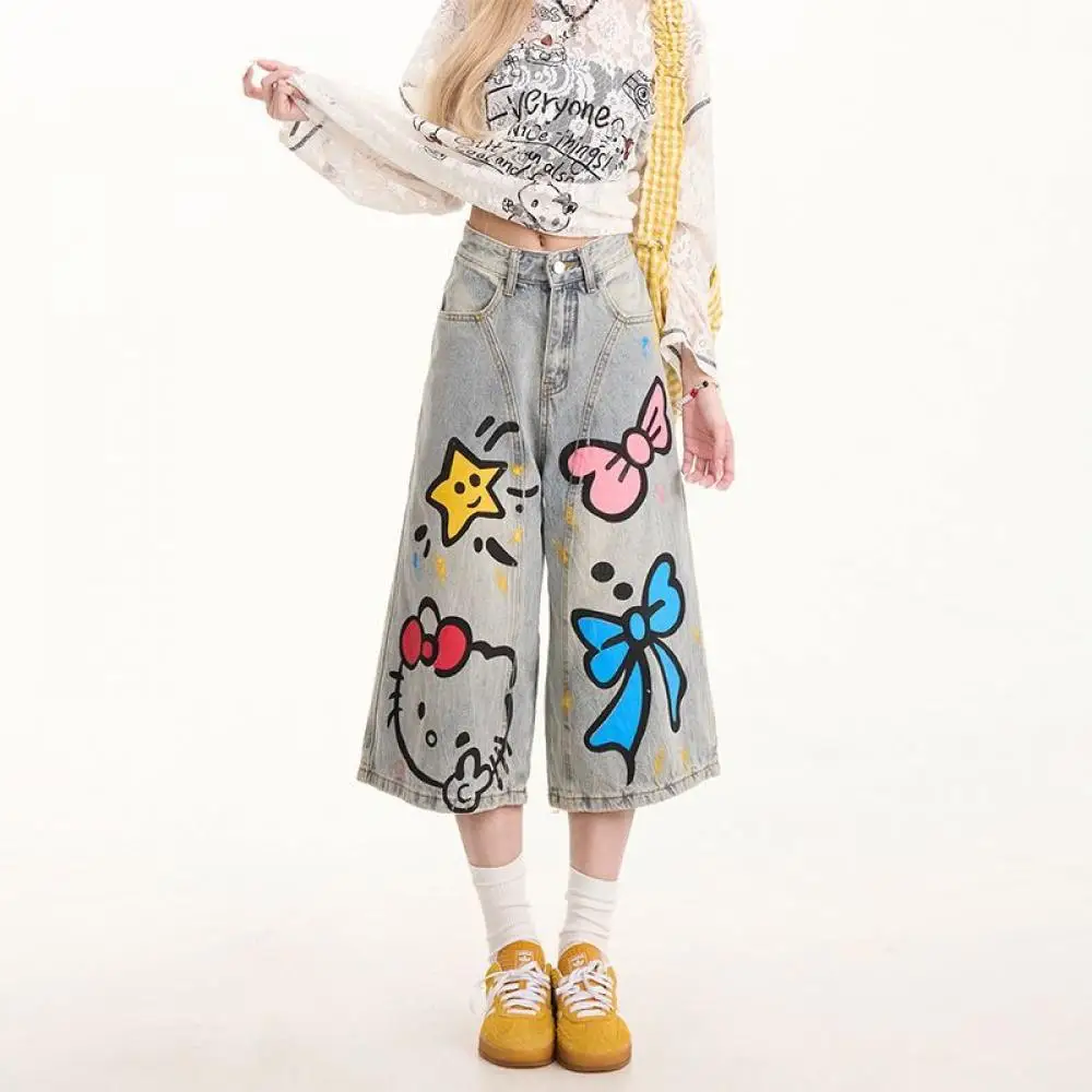 Jeans Y2K Hello Kitty Damen Sommer Wadenlange Hose Neuer Cartoon-Druck Niedliche Studentenjeans Hello Kitty Kurze Hose Lose Slim