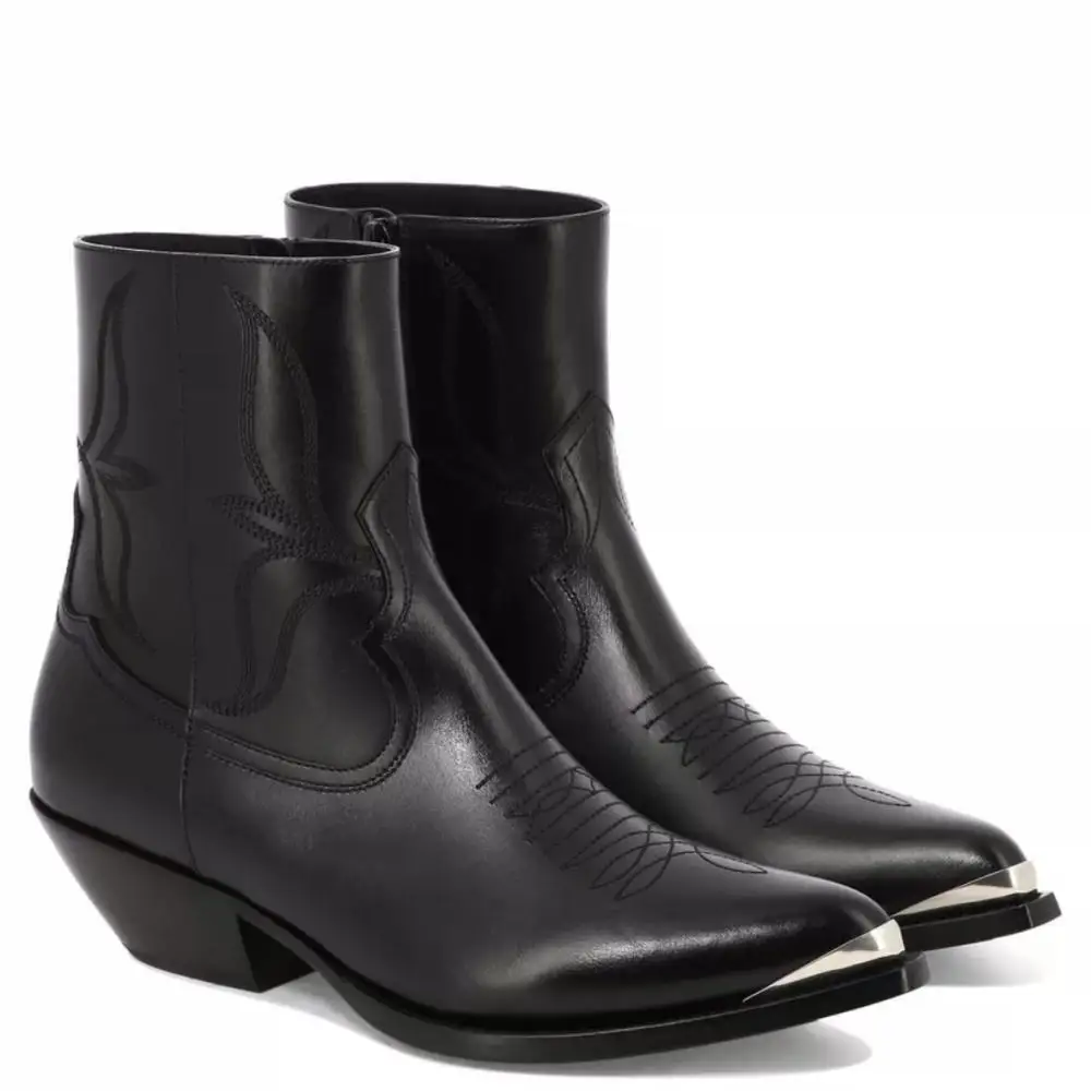 Western Cowboy Men's Ankle Boots Genuine Leather Vintage Embroidered Pointed Toe Metal Toe Cap Side Zip Block Heel Chelsea Boots
