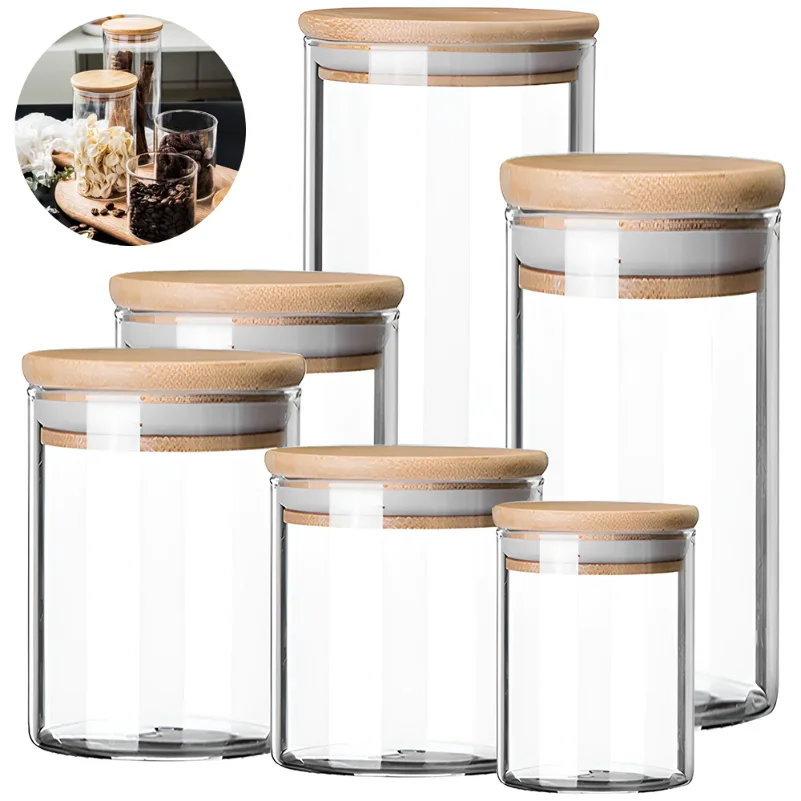 

5pc 300/550ml Glass Food Storage Containers With Wooden Lid Kitchen Sealed Jar Food Storage Multigrain Tank Bottle