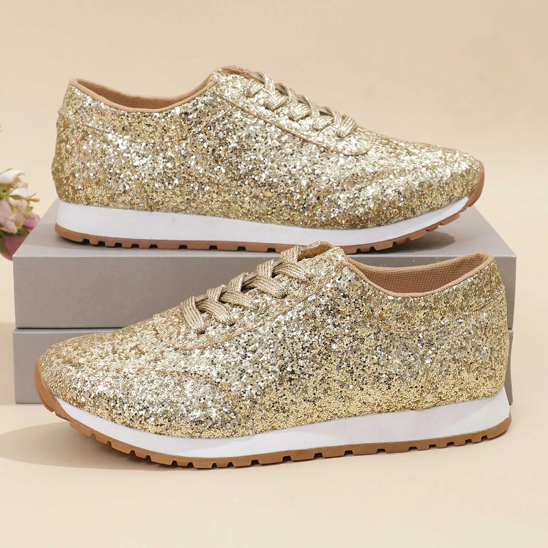 Shiny sequins casual trainers large size flat bottom tie single shoes fashionable versatile shallow mouth women's shoes 43