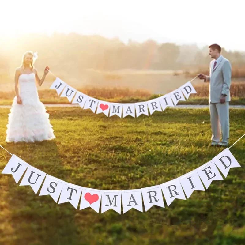 Just Married White Banner Rustic Garland Wedding Table Decoration Vintage Party Events Supplies Mr Mrs Car Wedding Decor