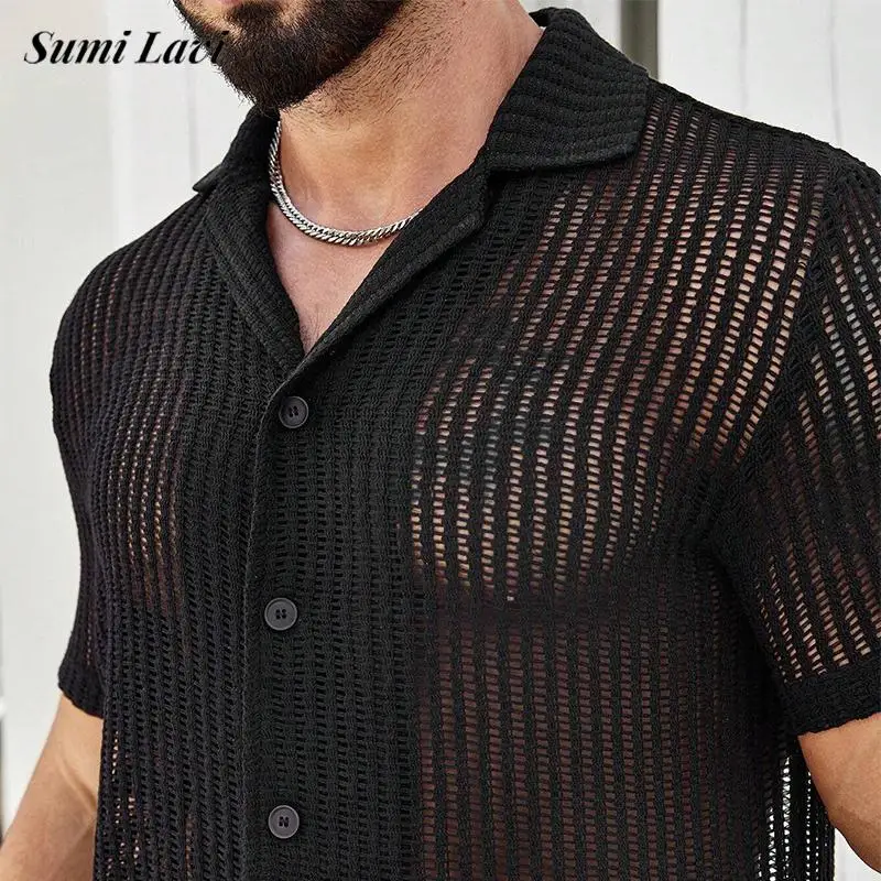 

Beach Casual Mens Knitting Cardigan Tops Summer Sexy See Through Hollow Out Shirt For Men Fashion Short Sleeve Lapel Knit Shirts