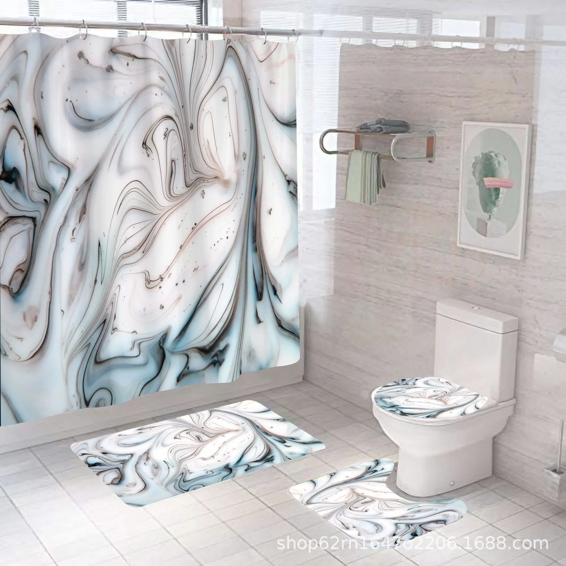 

1/3/4pcs Shower Curtain 3D Print Polyester Curtain for Bathroom Decor 4pcs Set Toilet Seat Cover Bathroom/U-shaped Floor Mat