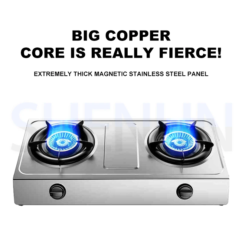 Estufa de Gas de escritorio, estufa doble de acero inoxidable con 2 quemadores, estufa de Gas Natural liquefeito de fuego fuerte para el hogar