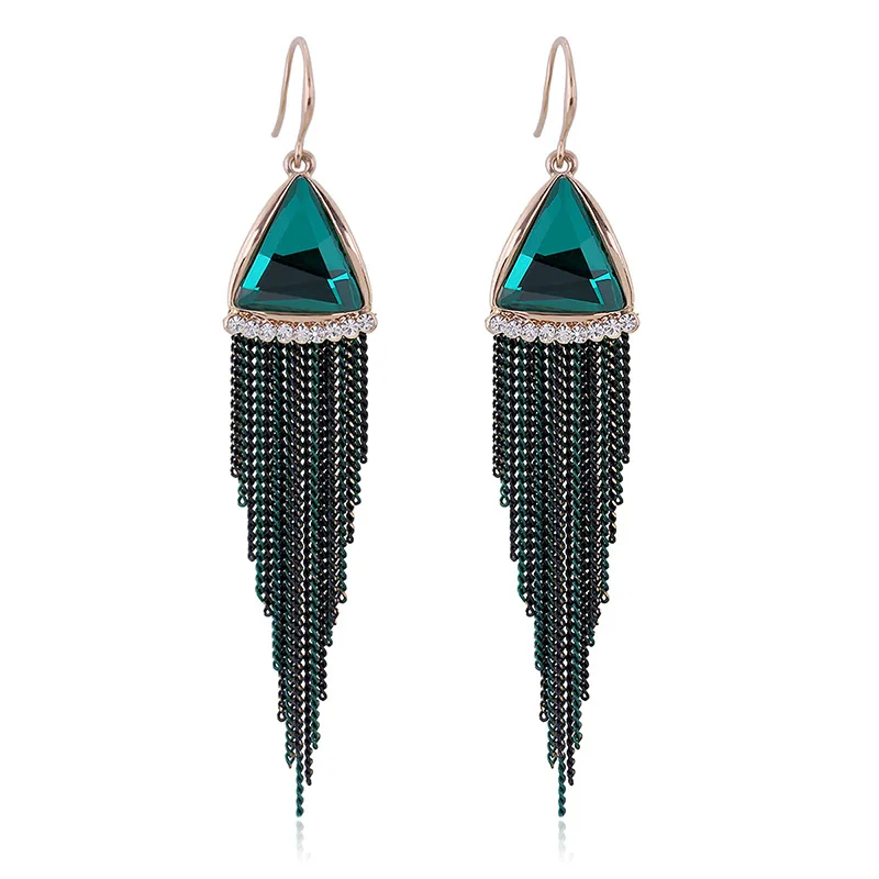 Qiman, popular triangular crystal glass with diamond fringed stud earrings in Europe and America, wholesale EA-03140
