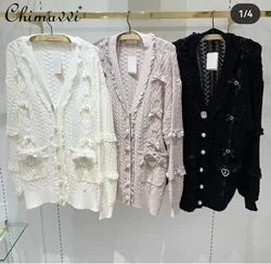 Japanese Style Ribbon Weaving Hollow Pocket Knitted Cardigan Autumn Winter New Sweet Loose Girly Style Long Sleeve Sweater Coat