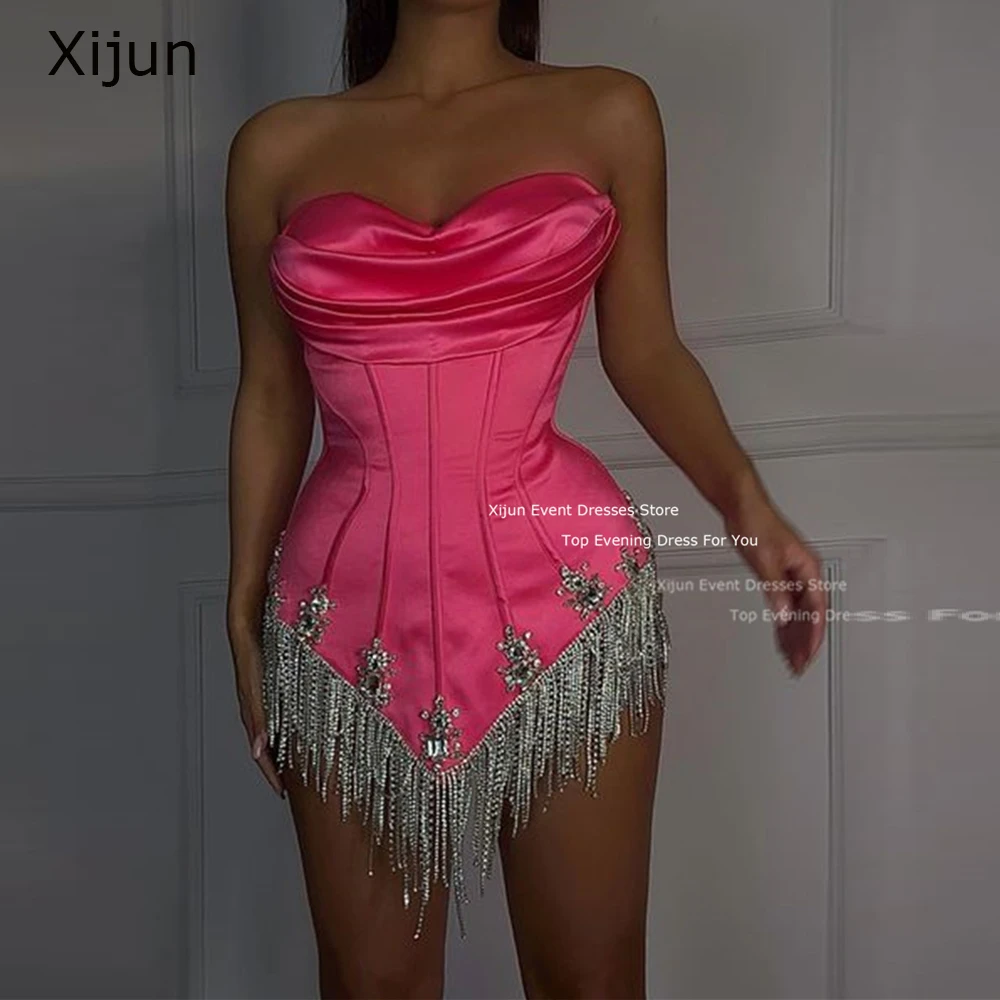 Xijun Sexy Hot Pink Evening Dress Mini Prom Gowns Dress Crystal Beads For Black Birthday Party Dresses Prom Dresses Tassel 2023