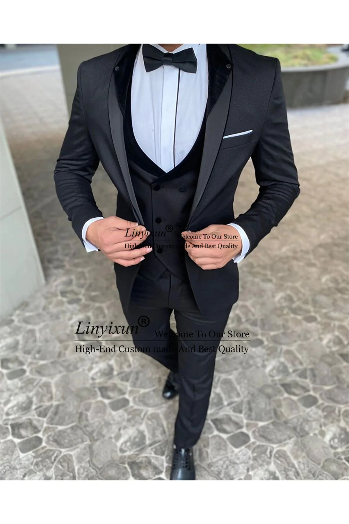 

Black Wedding Suits For Men 3 Pieces Set Groom Tuxedos Slim Business Male Blazers Vest Pants Outfit Groomsmen Costume Homme