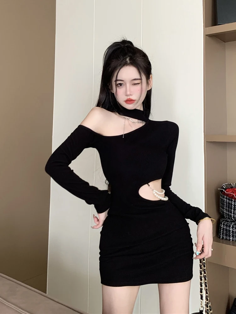 REDDACHiC Cut-out Ribbed Knit Bodycon Dress Women Solid Black Off-shoulder Pearl Chain Halter Mini Dress Sexy Night Clubwear