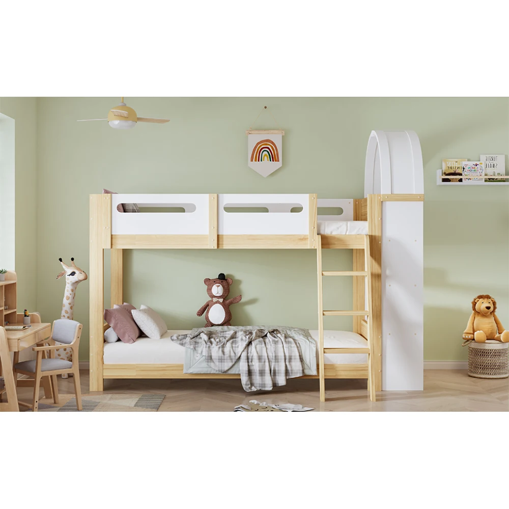 Kinder-Etagenbett mit 3-stufigem Regal, 3-stufiger Leiter und Sicherheitsgitter – stabile Lattenrostkonstruktion, geeignet für Kinderzimmer (ohne Matratze). – Detail 12