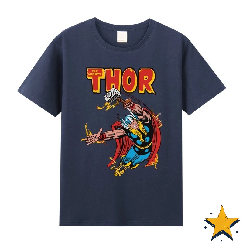 تي شيرت Retro Marvel Avengers Thor مطبوع من القطن بأكمام قصيرة للرجال على طراز الشارع العصري