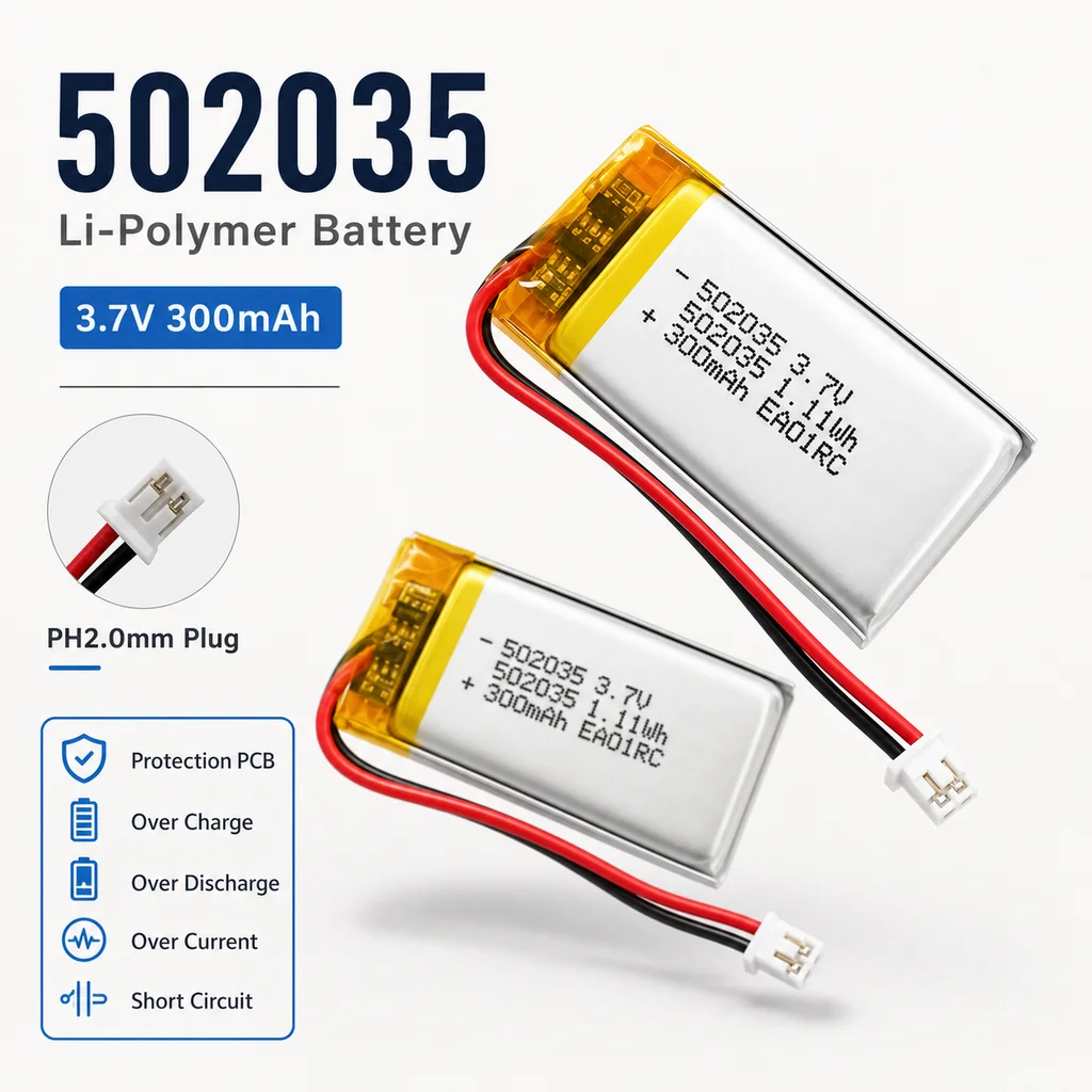Lithium Polymer Battery 502035 3.7V 300mAh LiPo Cell Replacement for Bluetooth Headset Small Fan Toy Beauty Device