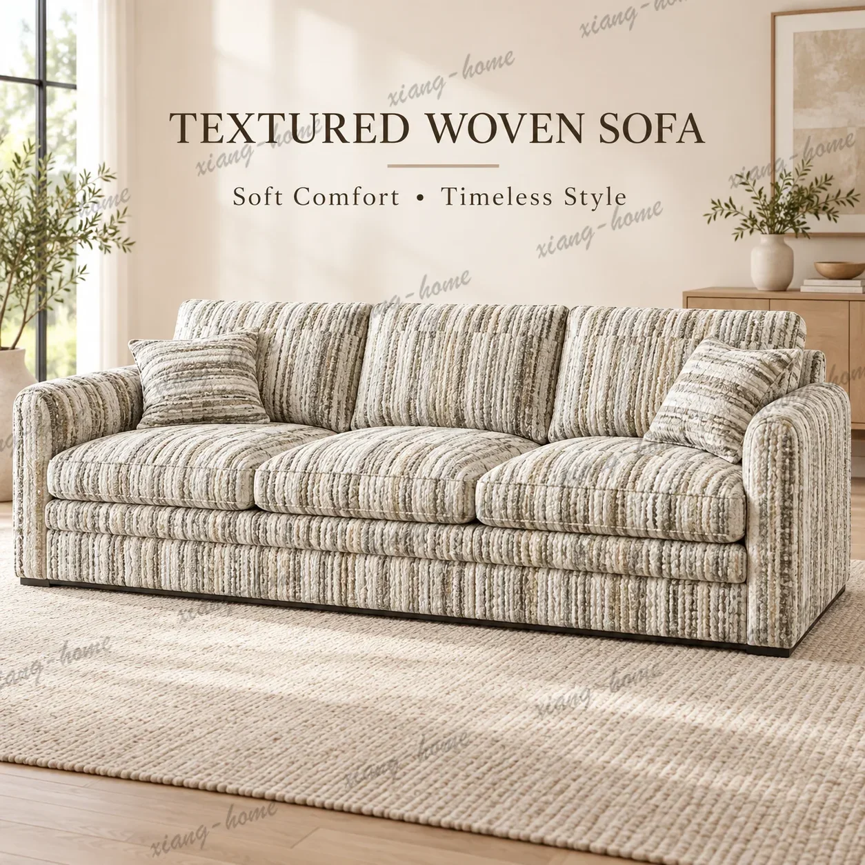 YJ Modern Minimalist Cream Style Small Sofa French Check Boucle Striped Fabric Removable Washable Living Room Couch