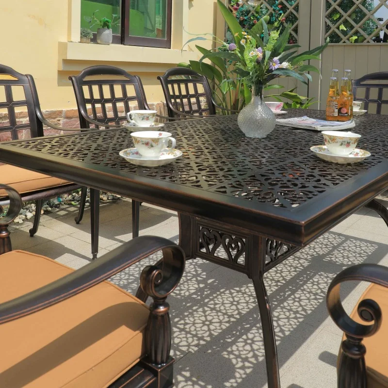 Outdoor Court Cast Aluminum Metal Chair Round Table Garden Dining Table Chair Cast Aluminum Chair Long Table Combination