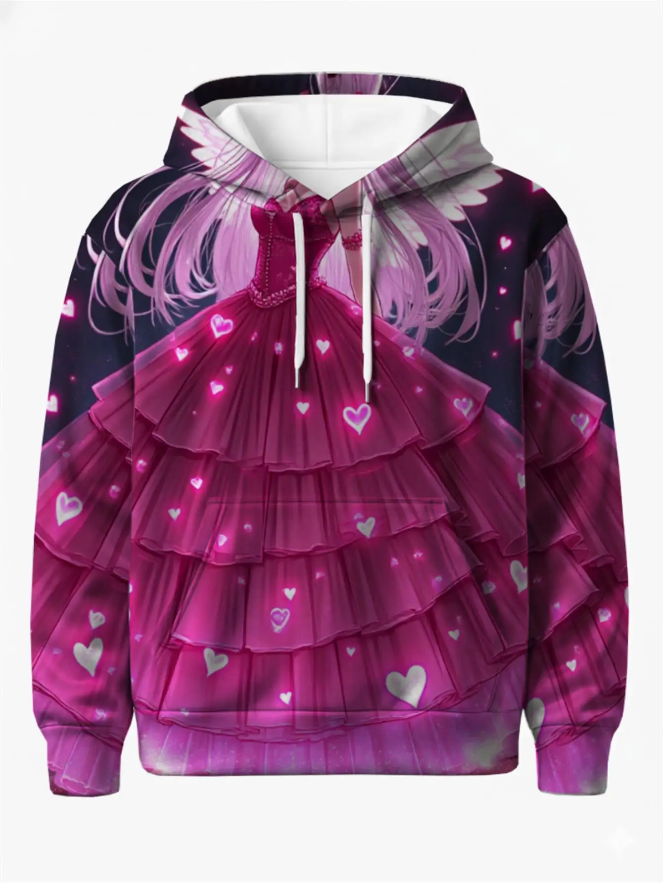 Men Pink Anime Princess Dress Heart Wing Print Hoodie Drawstring Pocket Long Sleeve Casual Pullover Sweatshirt
