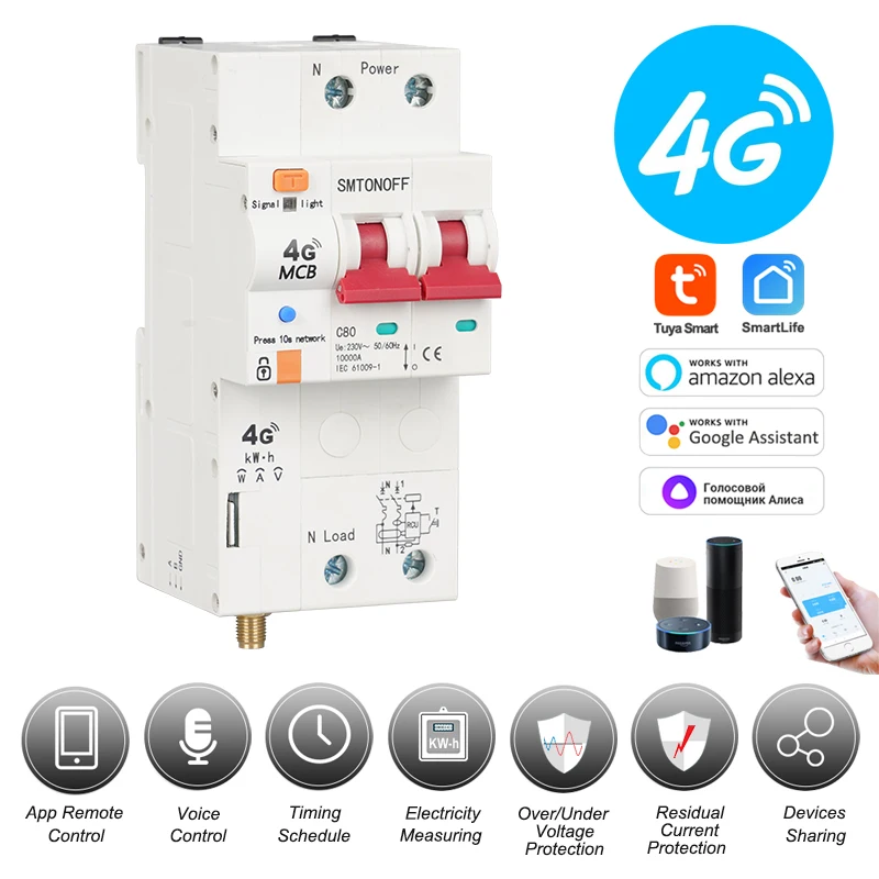 

4G Tuya circuit breaker Energy Meter leakage protection kWh Meter wattmeter RCBO voice control alexa google for smart home