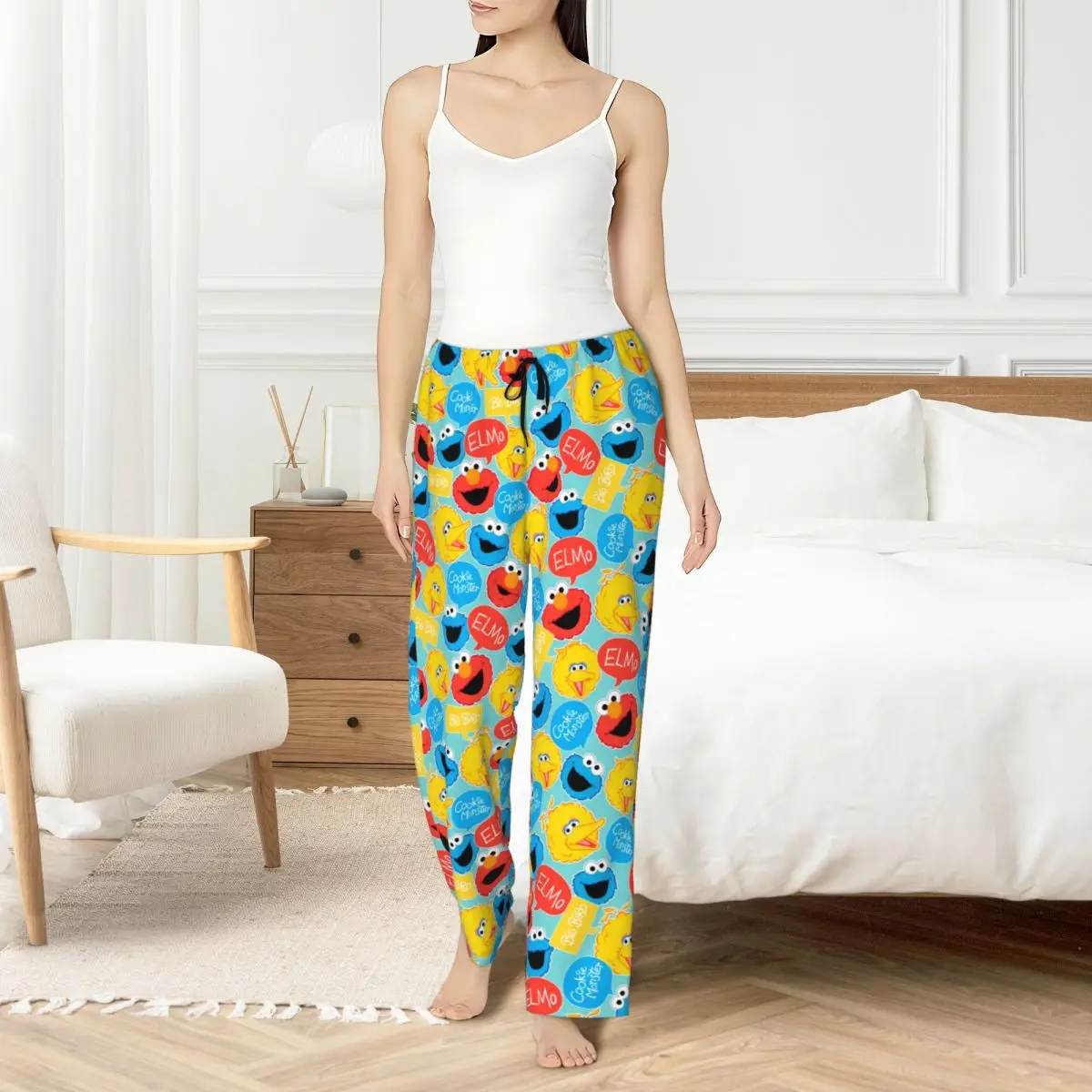 

Custom Printed Womens Funny Cartoon Cookie Monster Pattern Pajama Pants Muppets Sleepwear Sleep Lounge Bottoms with Pockets