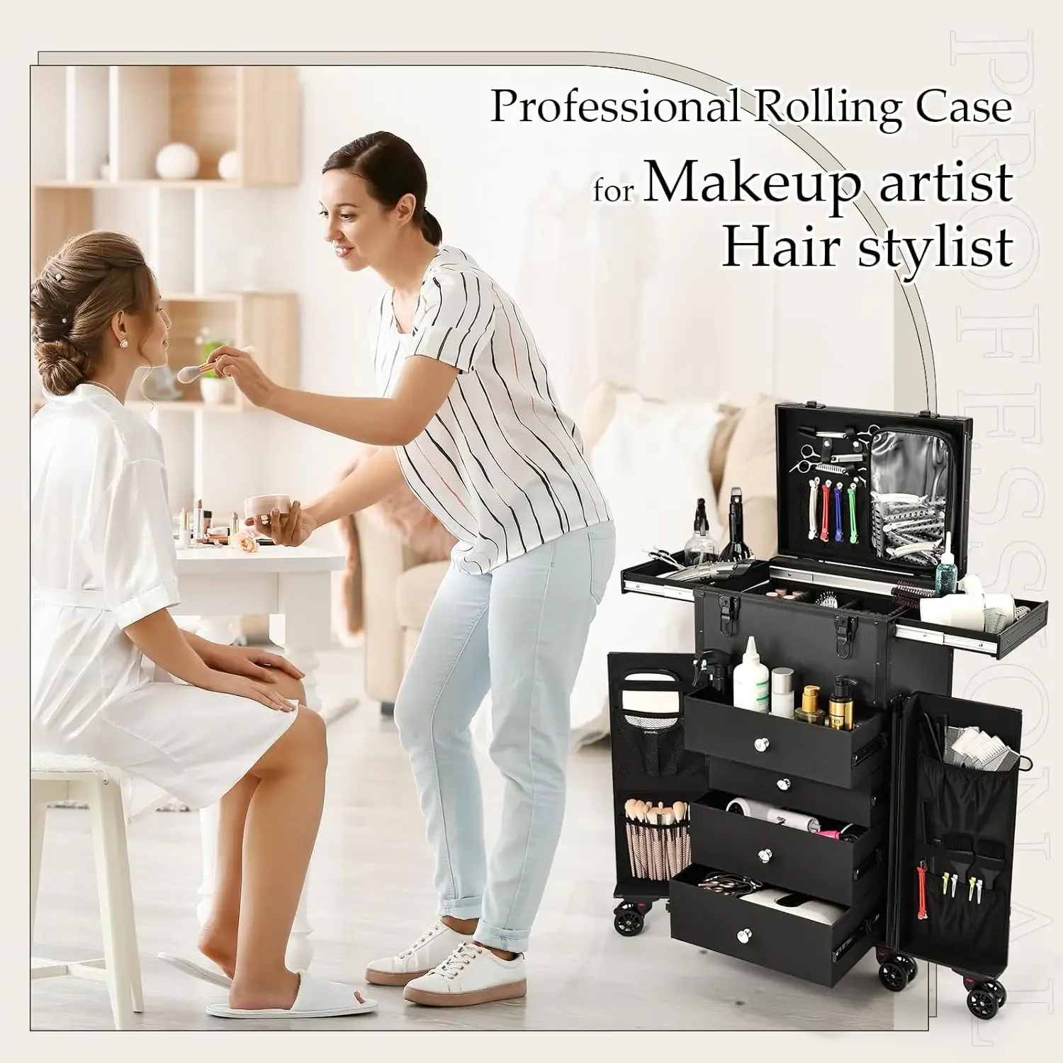 Professionele rollende make-upkoffer met 4 laden Pro Makeup Artist Cosmetische treinkoffer Haarstylist Reiskoffer Draagbaar maken