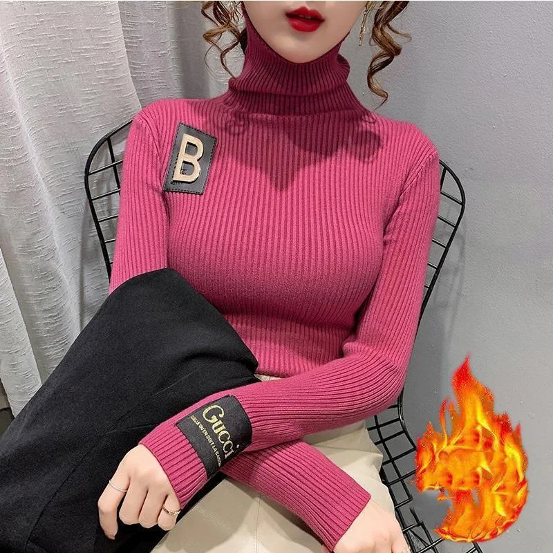 Autumn Winter New Women\'s Pullovers Solid Color Turtleneck Letter Casual Versatile Fashion Slim Sweaters Long Sleeve Tops